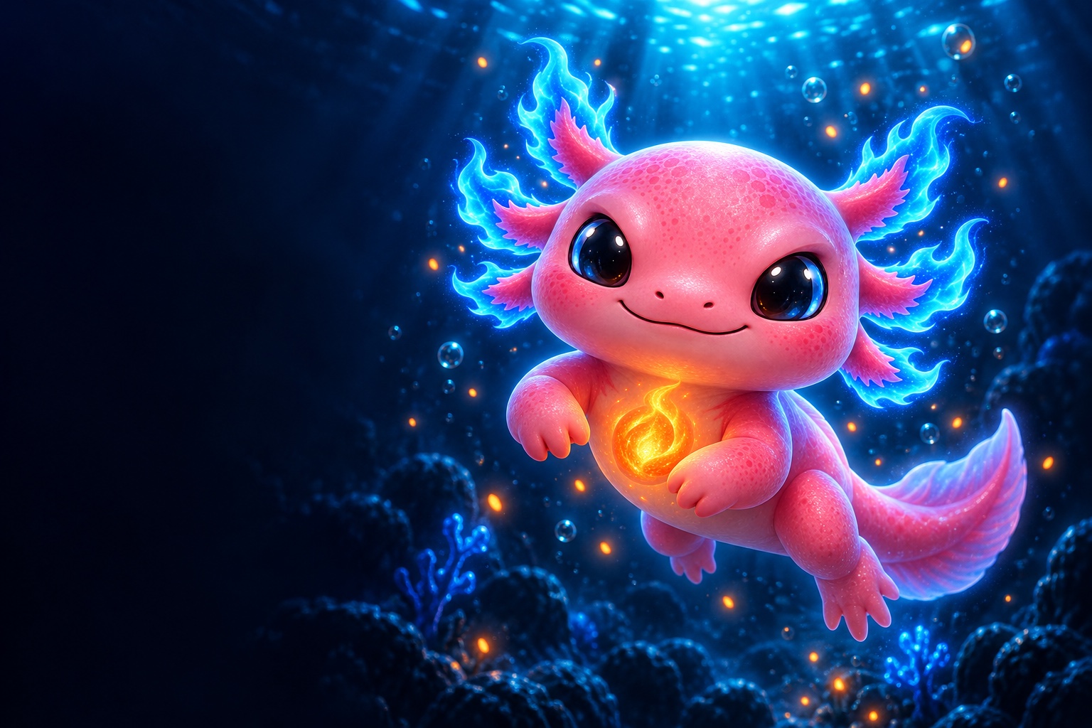 A smiling pink axolotl swims through a deep blue ocean, with six electric-blue flame gills and a glowing orange ember in his belly.